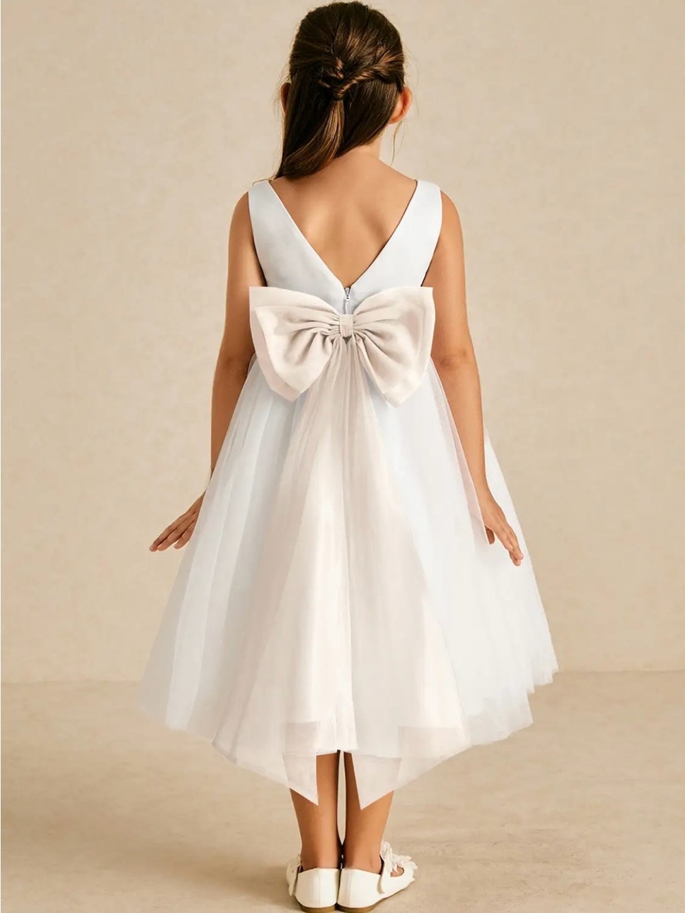 Azazie White Dress with Ivory Waistband for Girls - Picture 2 of 5